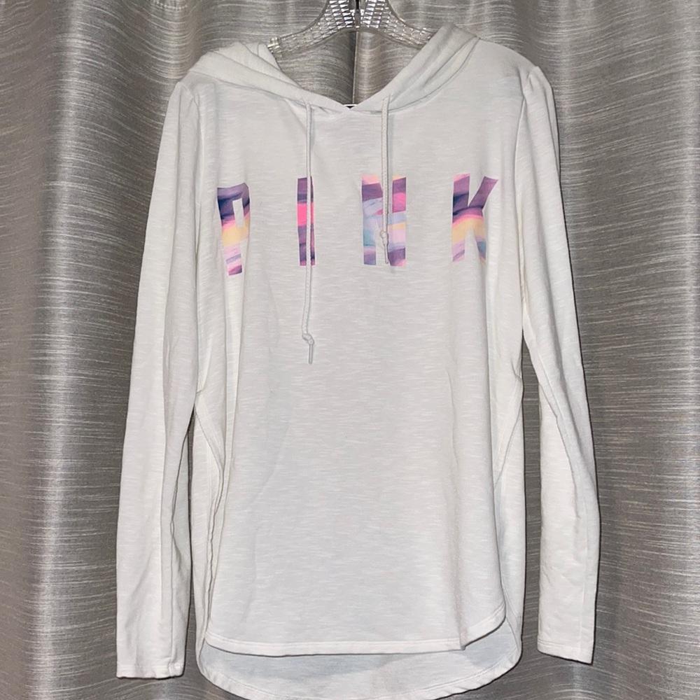 PINK Victoria's Secret White Hoodie with Multicolor Logo